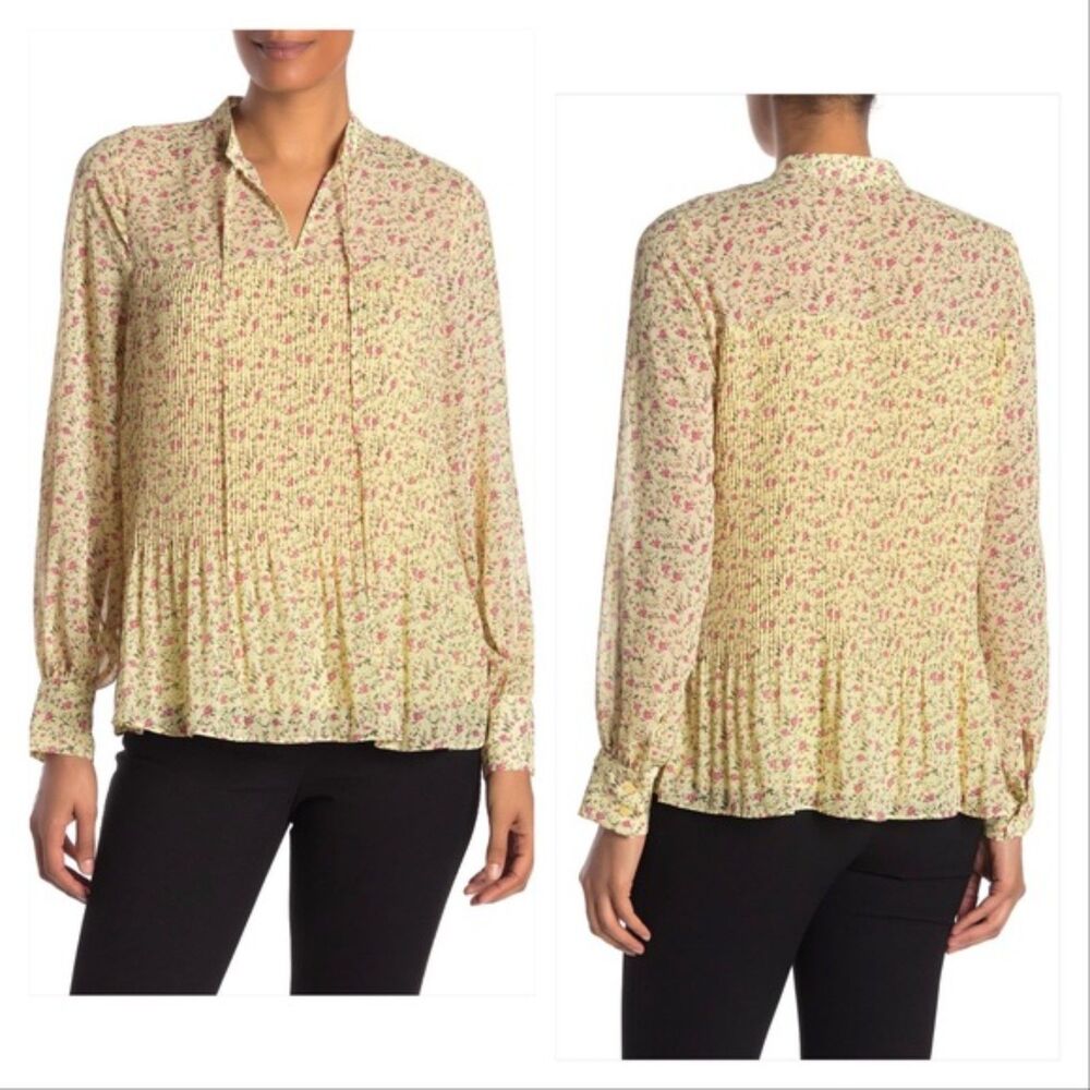 Pleione Yellow Mini Ditsy Floral Pleated Long Sleeve Blouse L EUC
